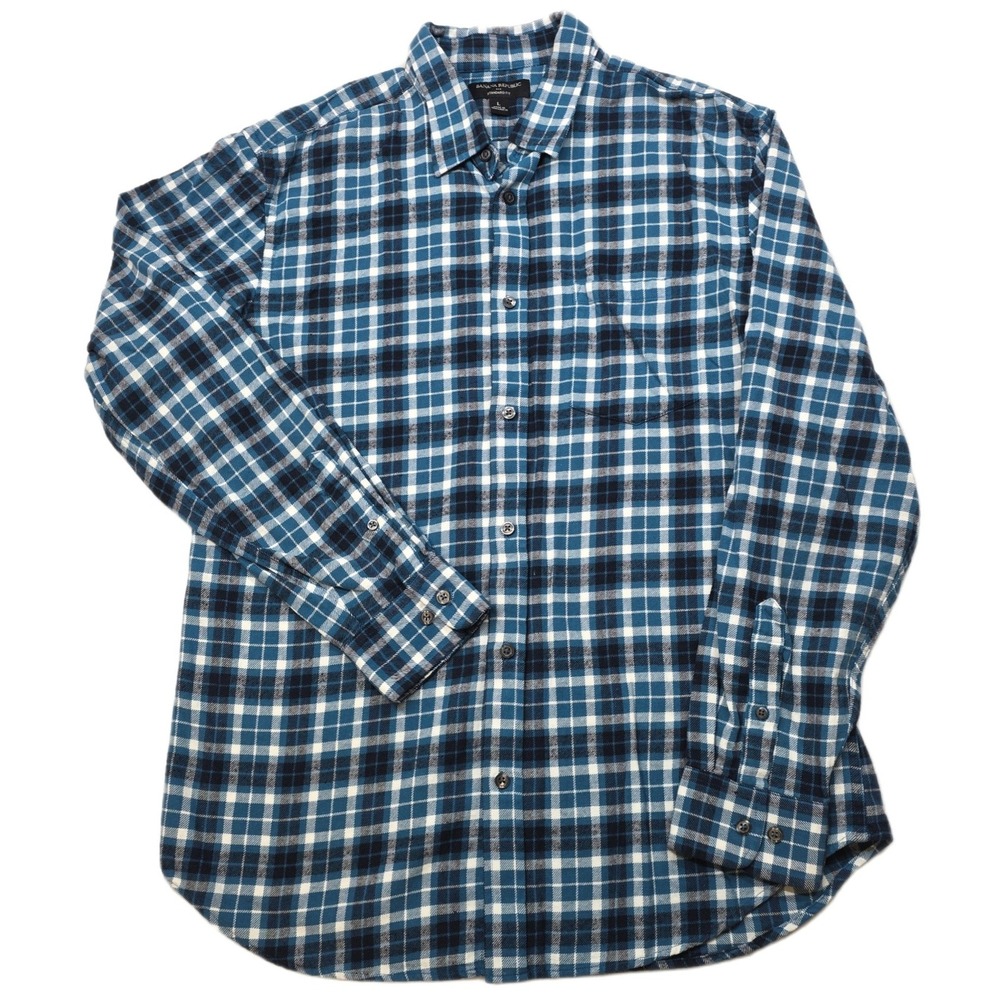 Banana Republic Flannel Shirt‎ Mens Large Teal Plaid Long Sleeve Standard Fit